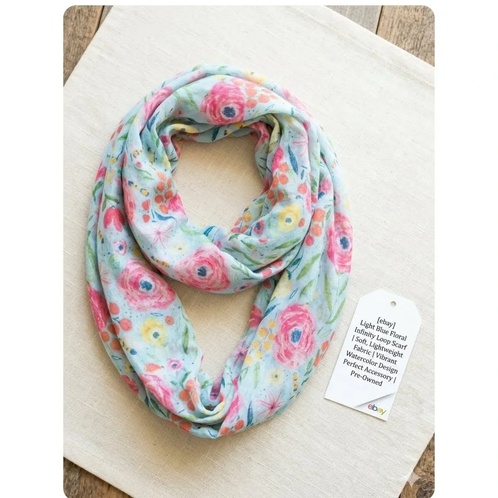 Light Blue Floral Infinity Loop Scarf Watercolor Bee Print Soft Lightweight
